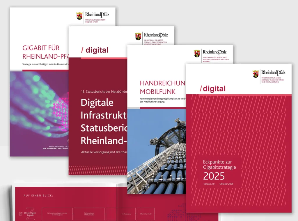 Mockup von diversen Titeln, die für Rheinland-Pfalz entstanden sind: Gigabit-Strategie, Statusbericht, Mobilfunkpakt, Gigabit-Charta.