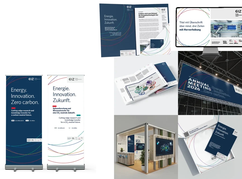 Mockups die im Rahmen der Markengestaltung für das EIZ – Energie-Innovationszentrum Cottbus entstanden sind.