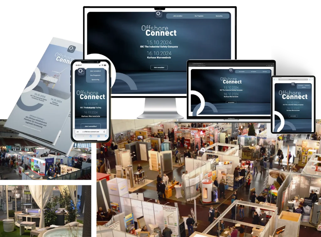 Mockup von MAterialien die für die Offshore-Connect entstanden sind und Fotoaufnahmen von Messen der "Neuen Messe Rostock"