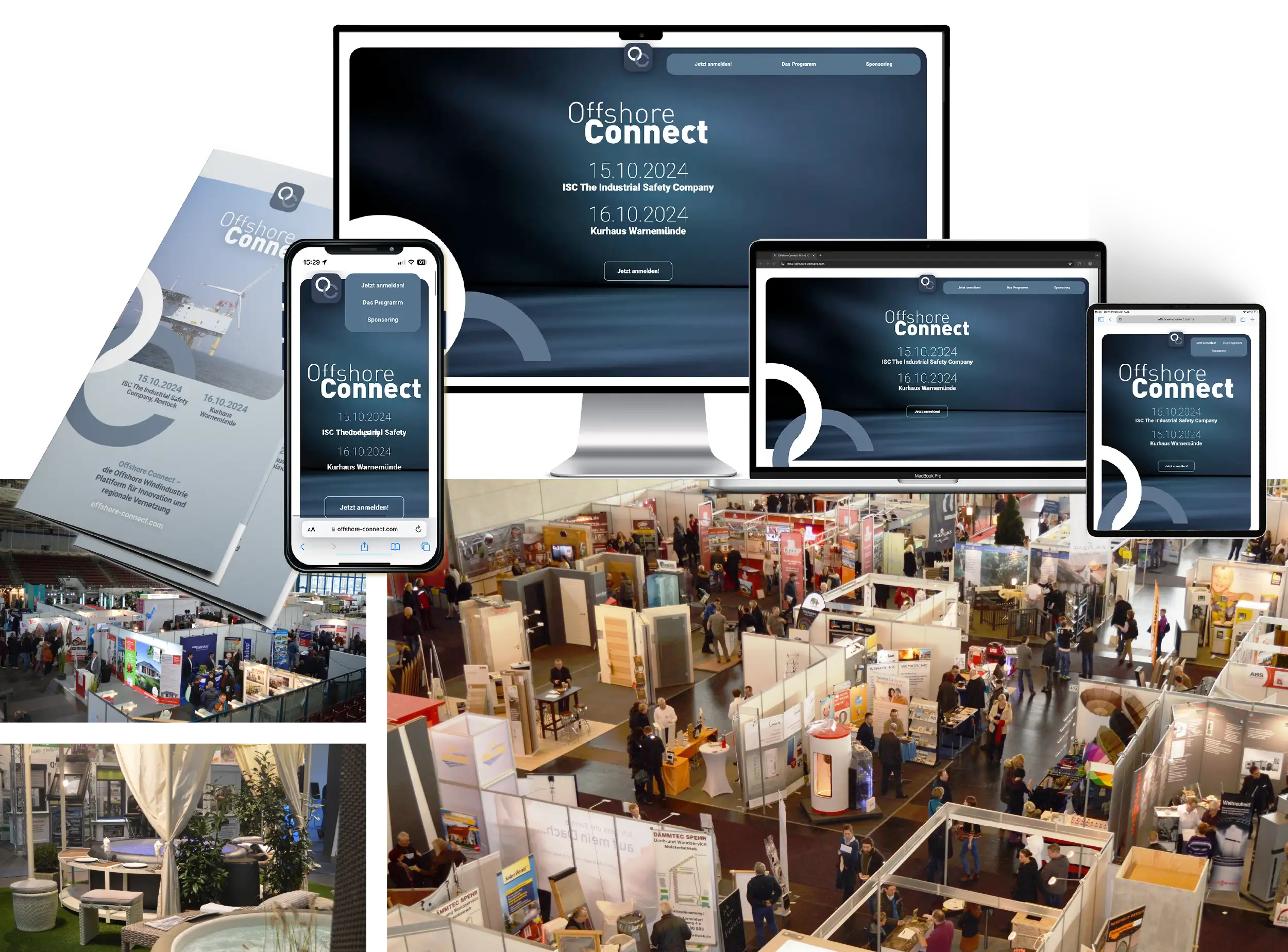 Mockup von MAterialien die für die Offshore-Connect entstanden sind und Fotoaufnahmen von Messen der "Neuen Messe Rostock"