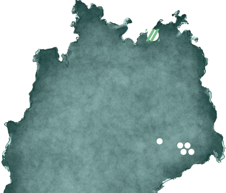 Landkarte des Netzwerks von der Agentur BrandZZ mit Hauptsitz in Greifswald und Büros in Rostock, Berlin, Dresden und Leipzig.